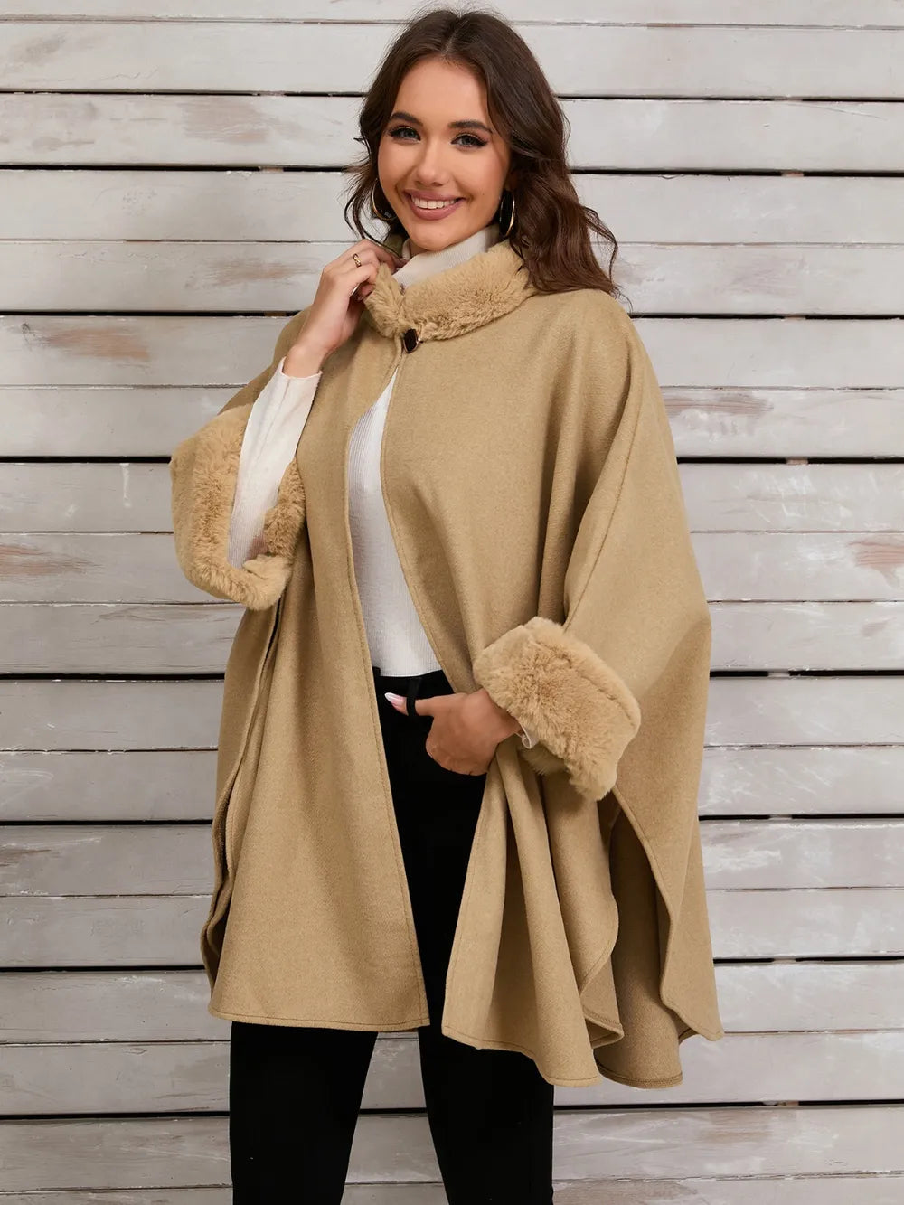 Quinn Versailles — Fuzzy Trim Long Sleeve Poncho, alternate view 2