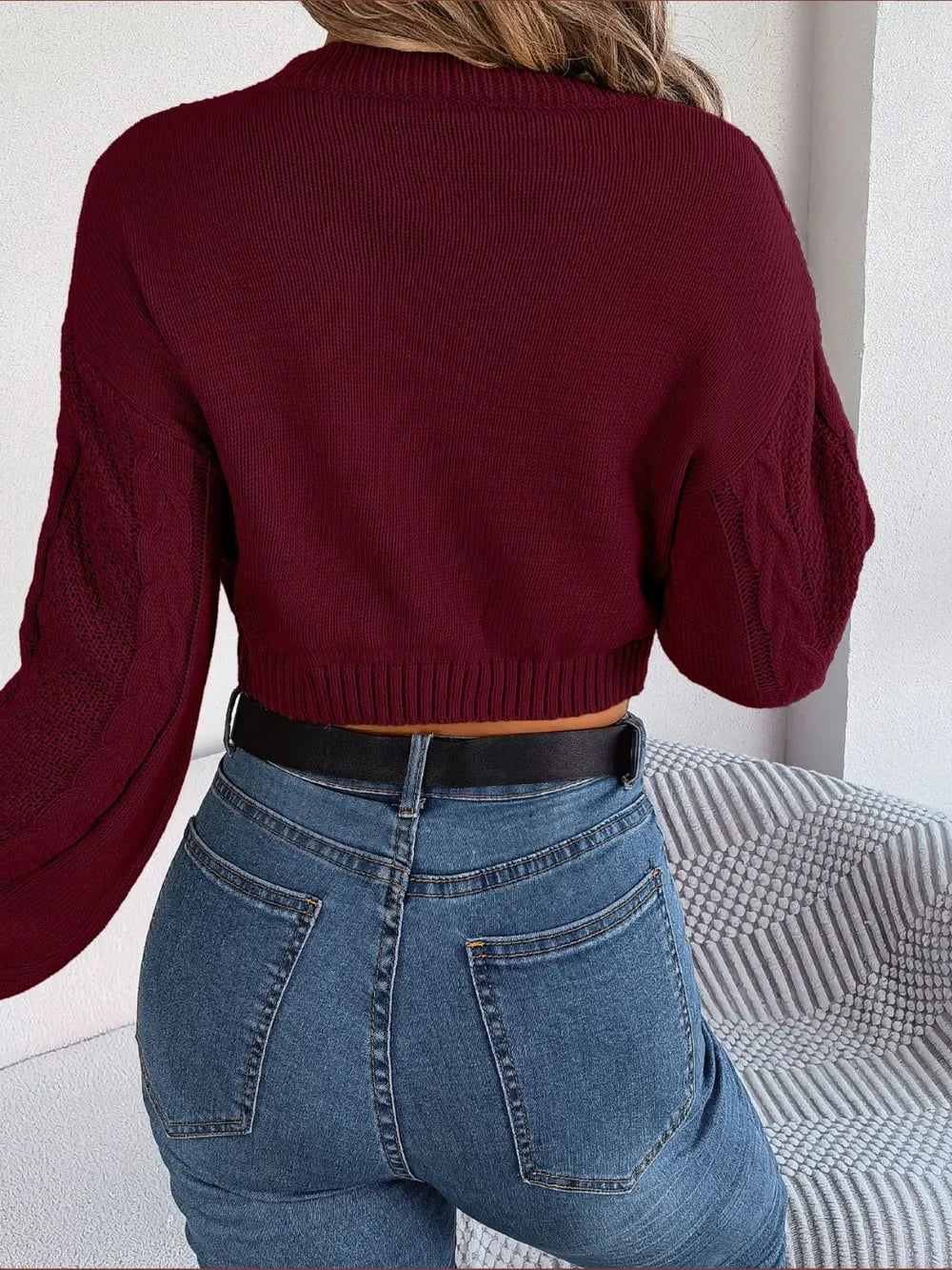 Paris Moreau — Cable-Knit Round Neck Cropped Sweater, alternate view 8