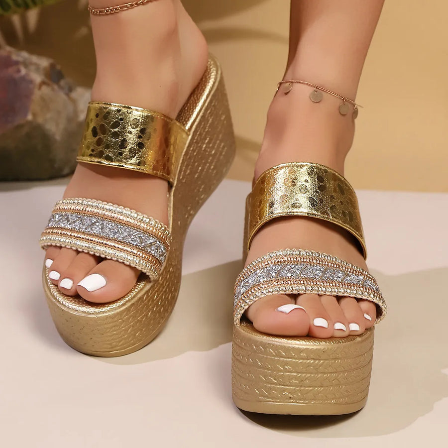 Hollis Bellini — Open Toe Platform Wedge Sandals Gold Fashion Footwear