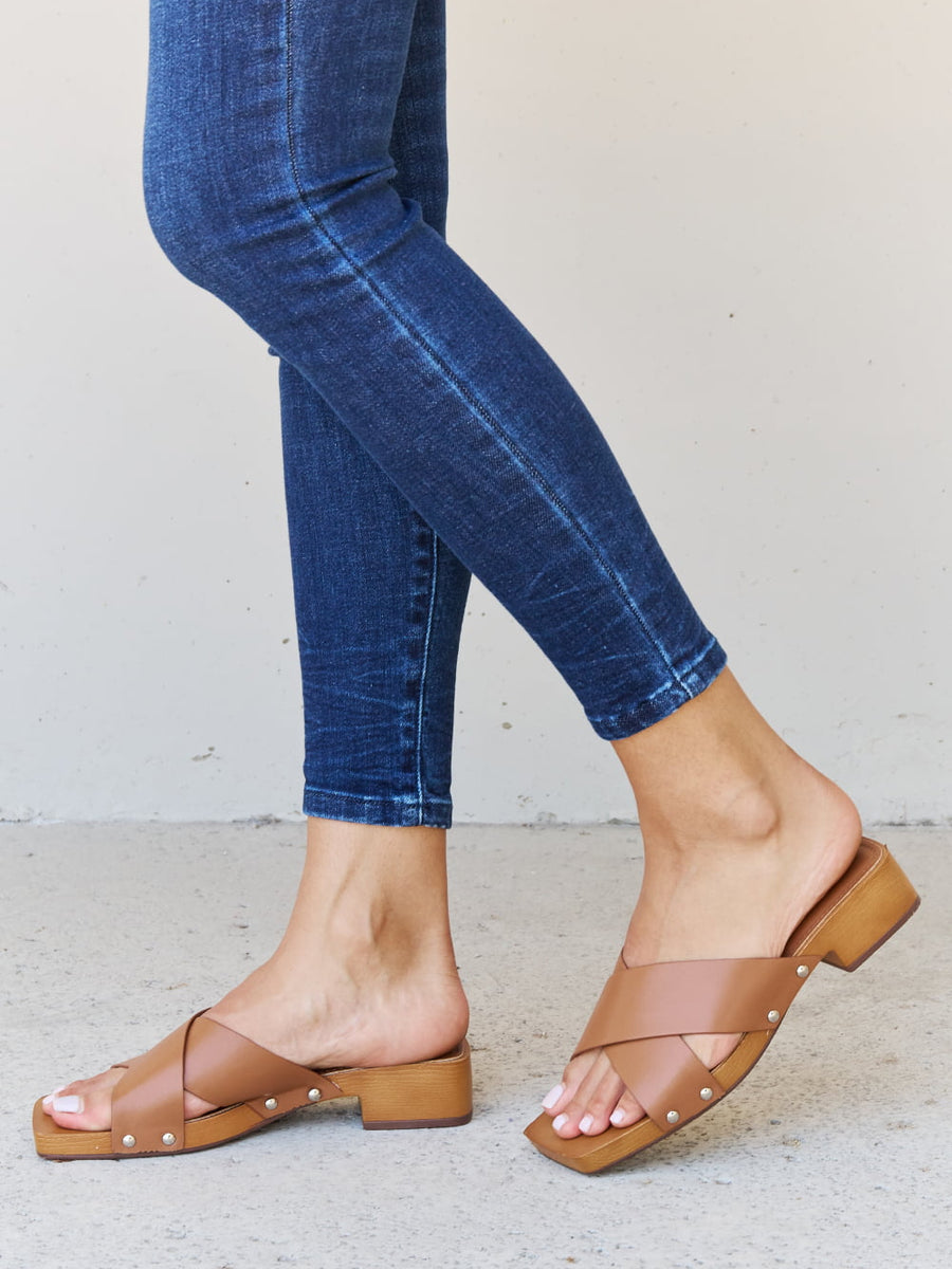 Weeboo Step Into Summer Criss Cross Wooden Clog Mule in Brown - Opulent Empire