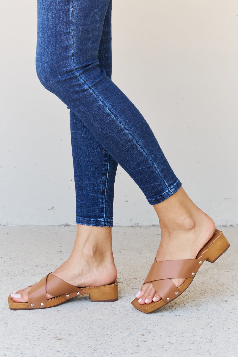 Bellamy Laurent — Weeboo Step Into Summer Criss Cross Wooden Clog Mule in Brown Brown Fashion Footwear, alternate view 3