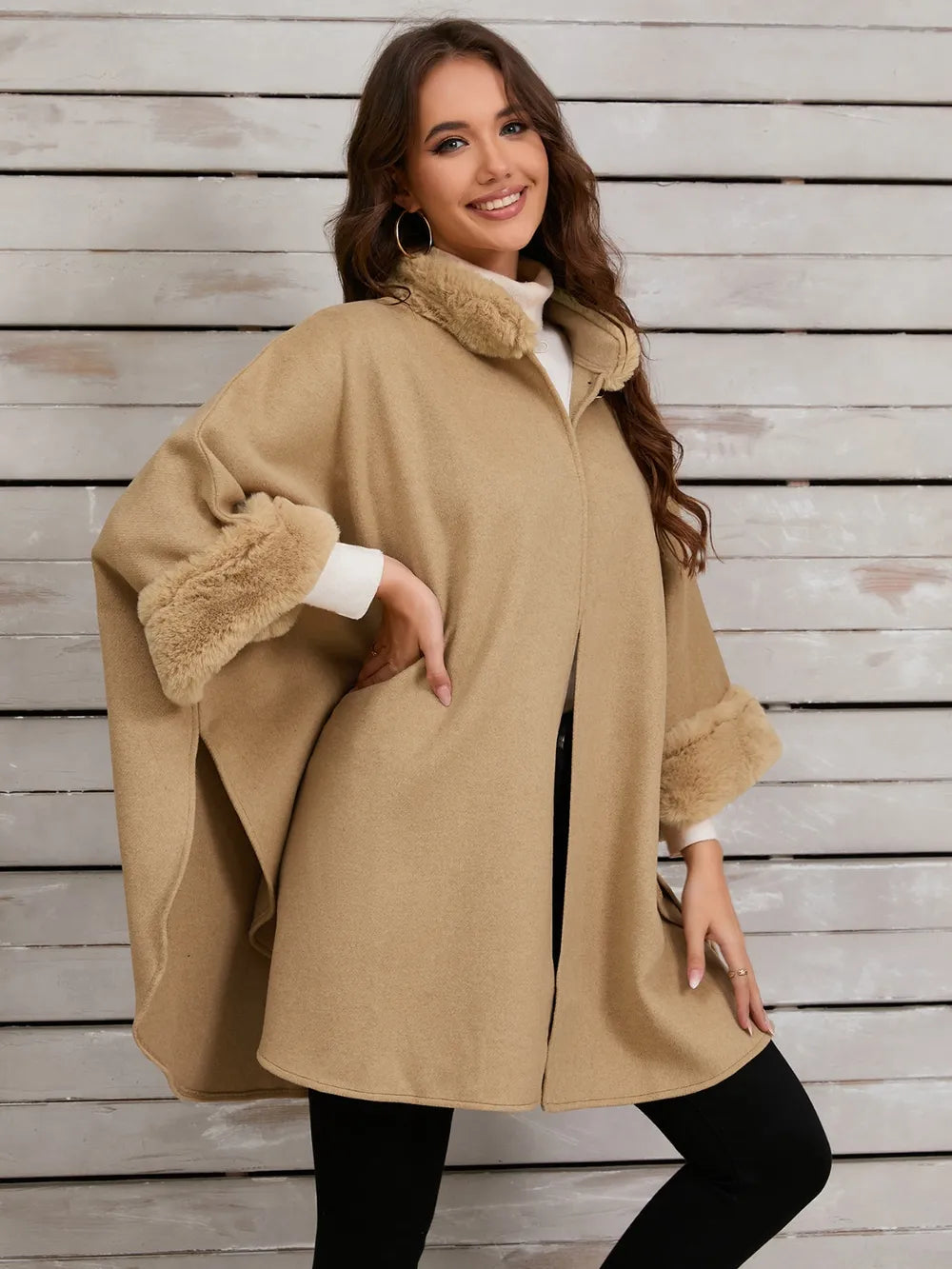 Quinn Versailles — Fuzzy Trim Long Sleeve Poncho, alternate view 3