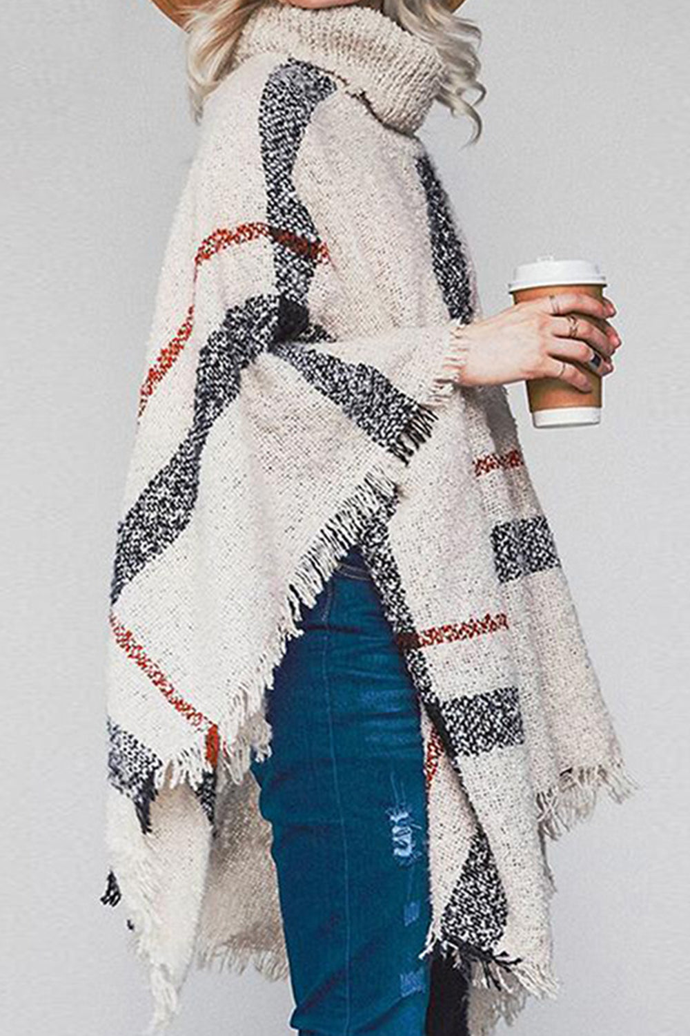 Sasha Versailles — Plaid Turtleneck Raw Hem Poncho