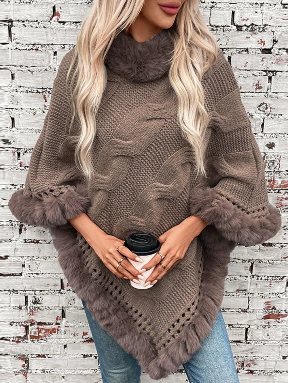 Cove Versailles — Fuzzy Hem Cable-Knit Poncho, alternate view 3