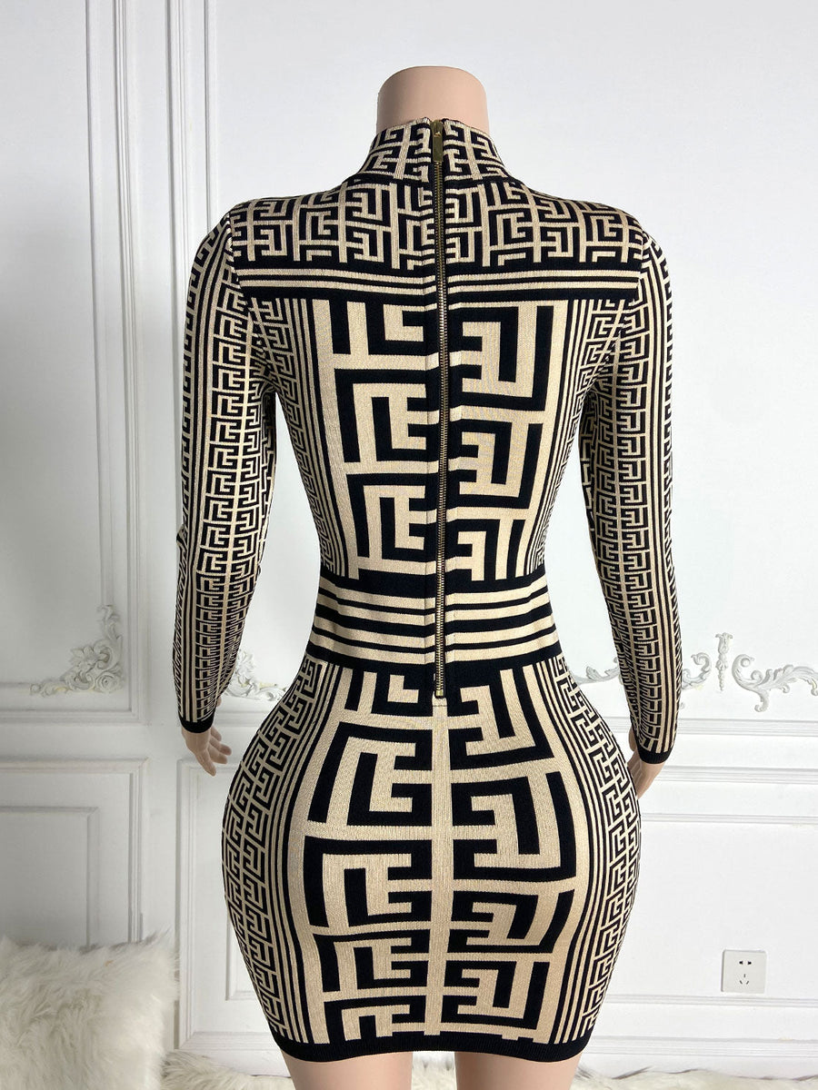 Fitted Dress with Turtleneck and Jacquard, Elegant Mini Design HT3048