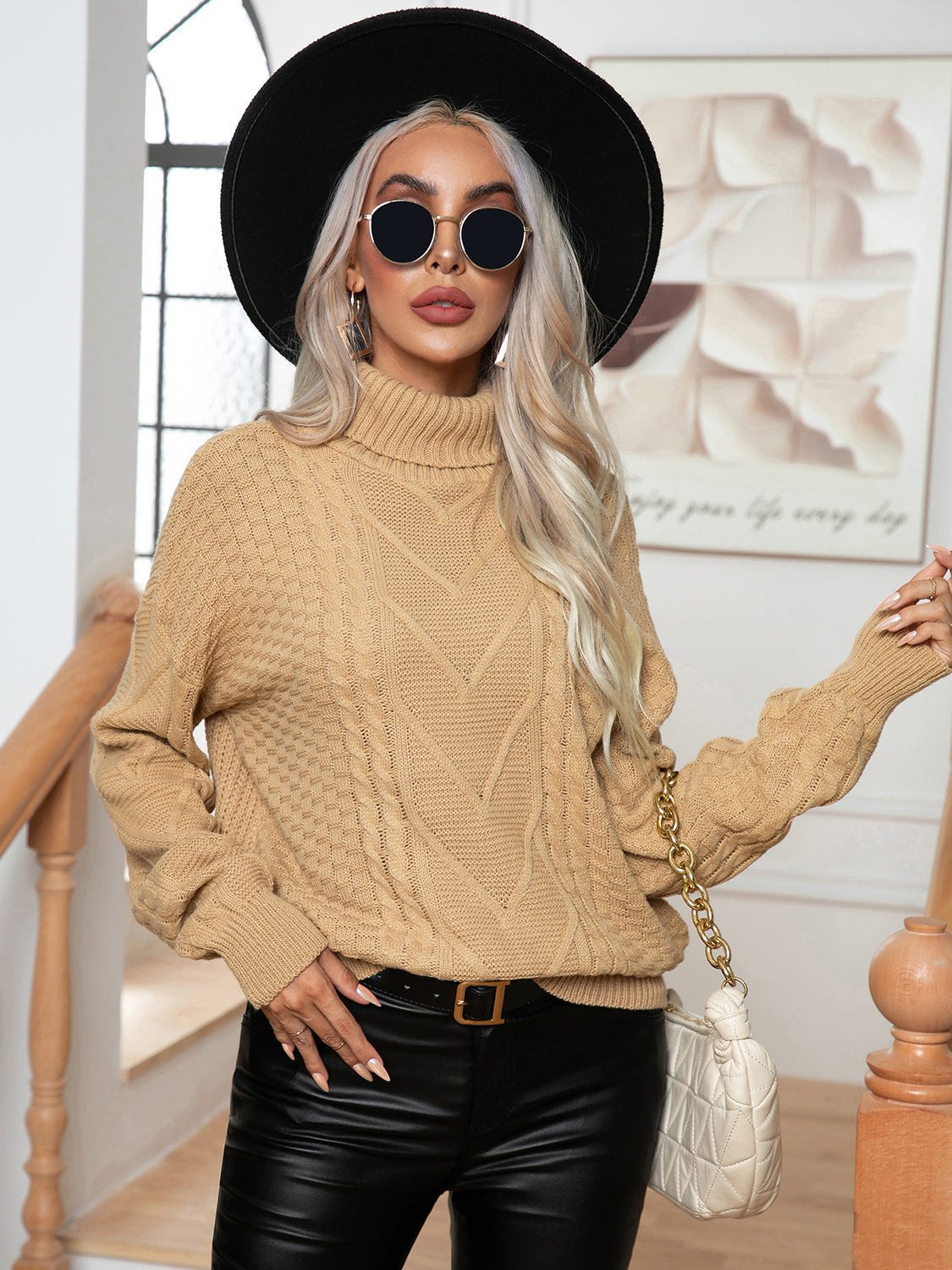 Onyx Rousseau — Turtleneck Cable-Knit Long Sleeve Sweater, alternate view 7