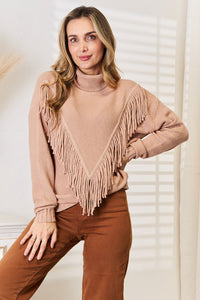 Cove Fontaine — Woven Right Turtleneck Fringe Front Long Sleeve Sweater