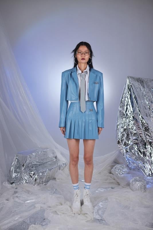 Vespera — College Style Blue Vegan Faux Leather Cropped Jacket, alternate view 3