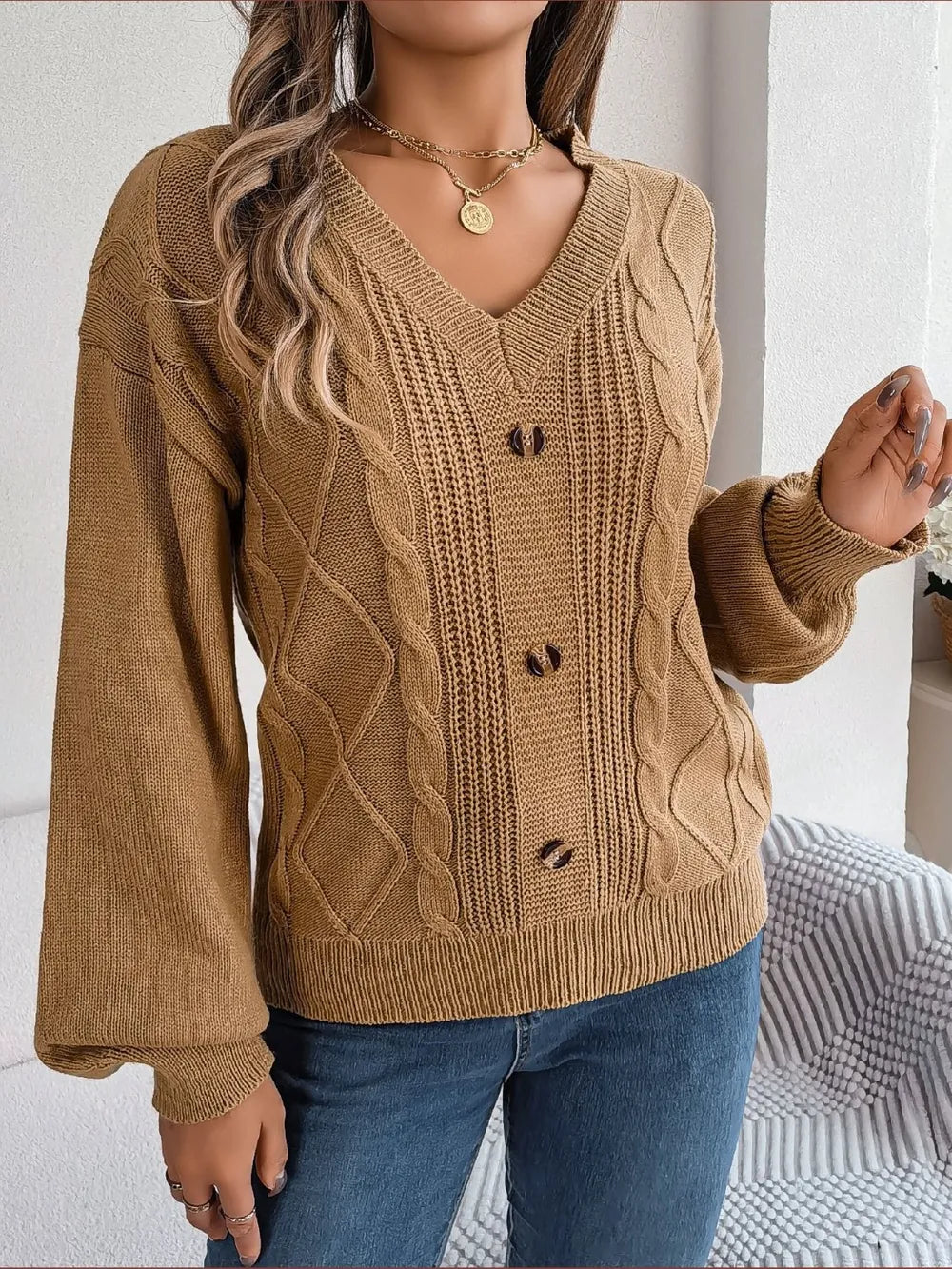 Quinn Rivière — Cable-Knit Buttoned V-Neck Sweater, alternate view 7