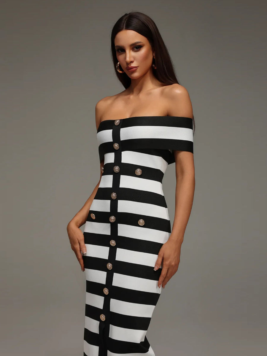 Button-Front Striped Bandage Dress