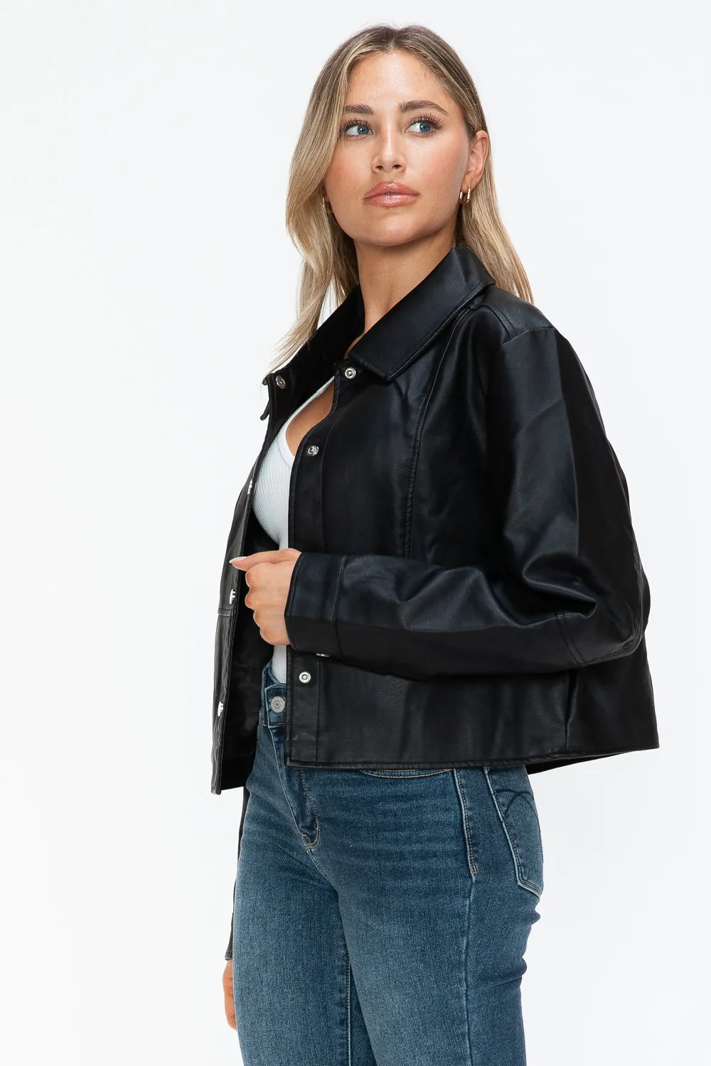 Rain Saint-Clair — Snobbish Snap Down Long Sleeve PU Leather Jacket, alternate view 8