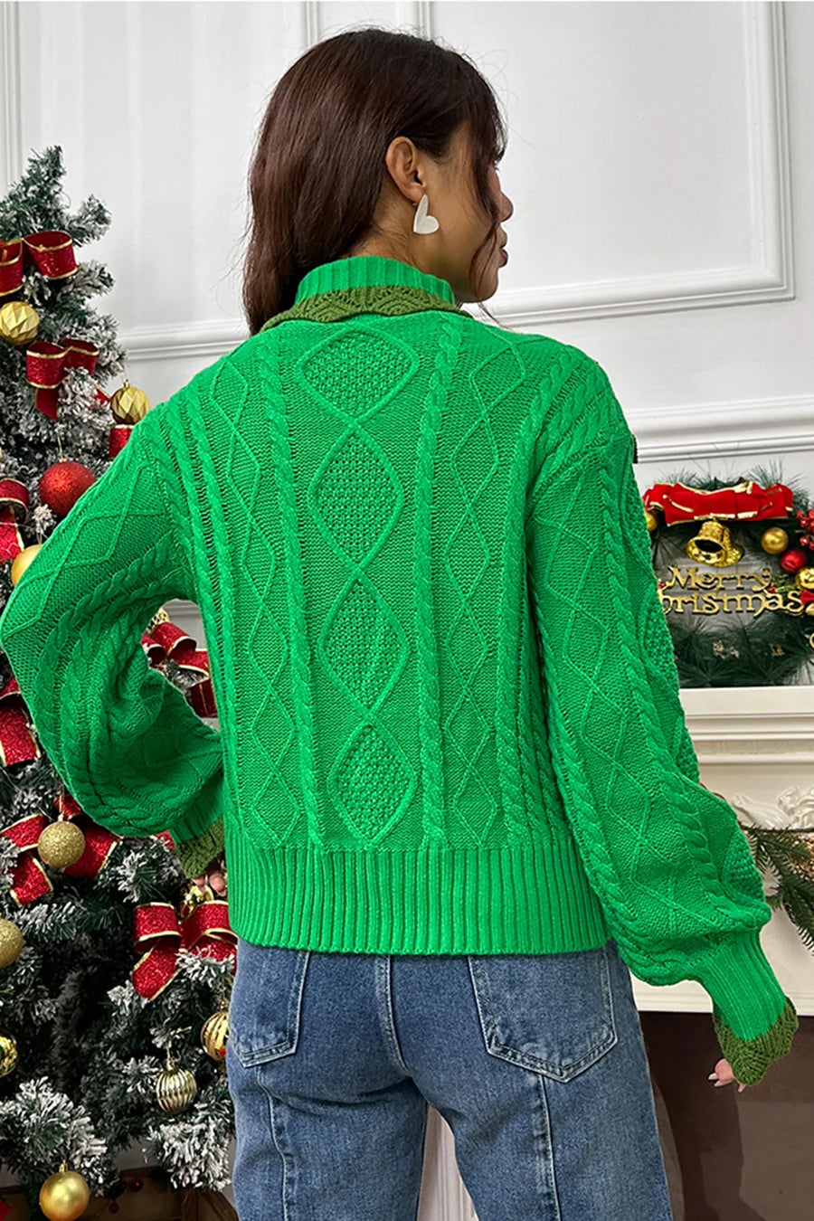 Sage Rivière — Cable-Knit Ruffled Mock Neck Lantern Sleeve Sweater, alternate view 2
