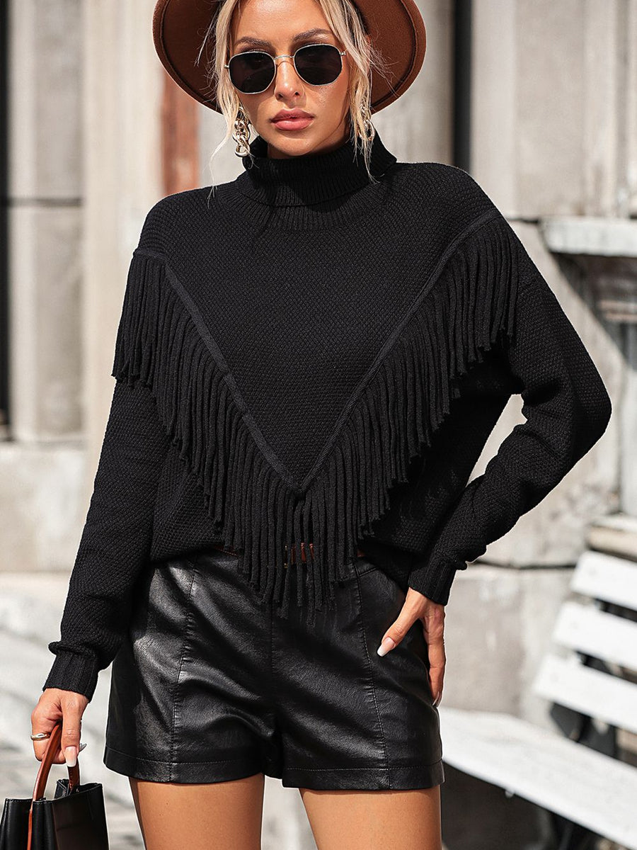 Turtle Neck Tassel Front Long Sleeve Pullover Sweater