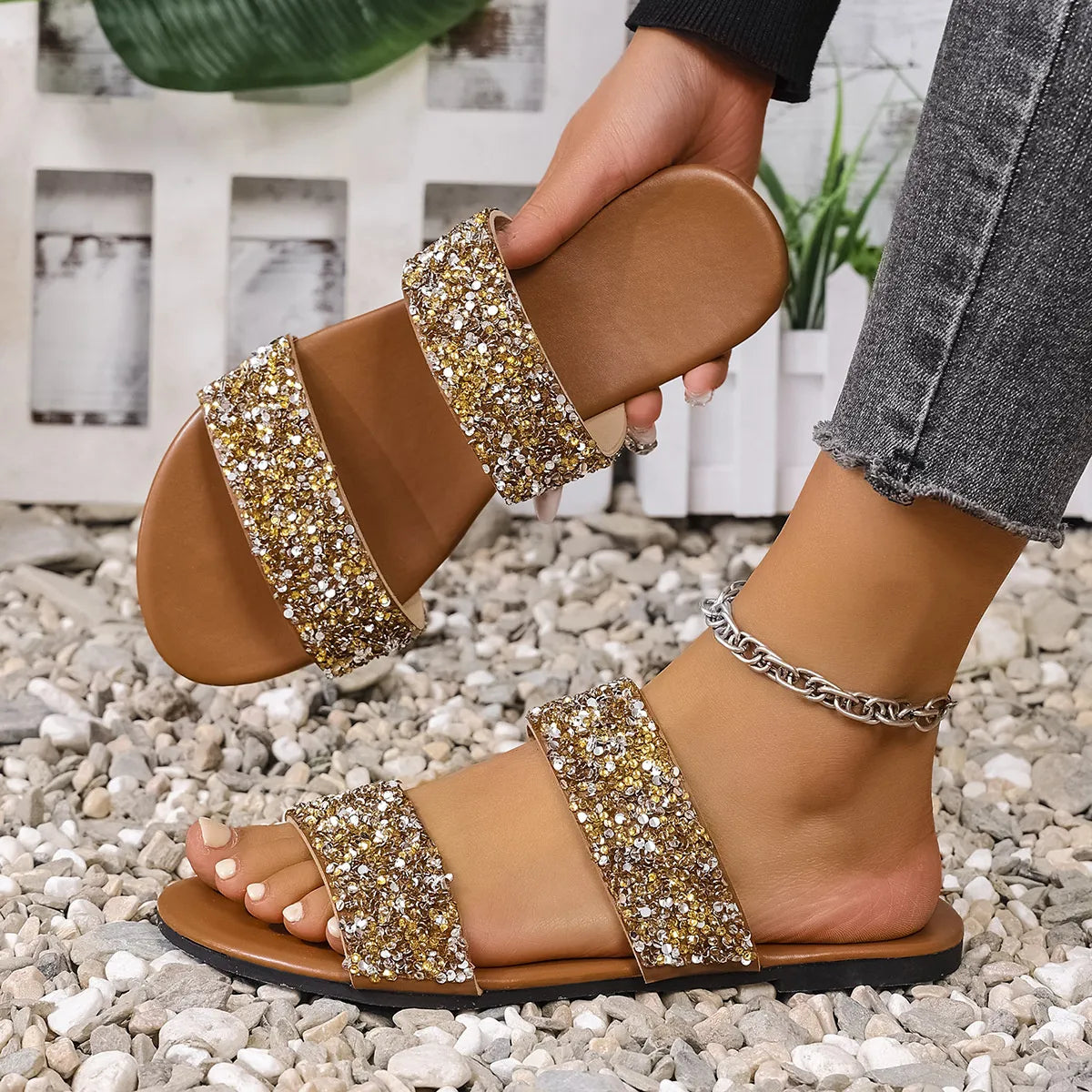 Harbor Marino — Sequin Open Toe Flats Sandals Fashion Footwear, alternate view 7