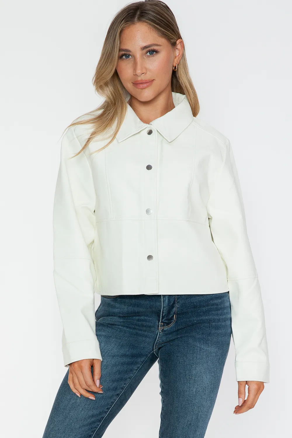 Ocean Rosetti — Snobbish Snap Down Long Sleeve PU Leather Jacket, alternate view 3