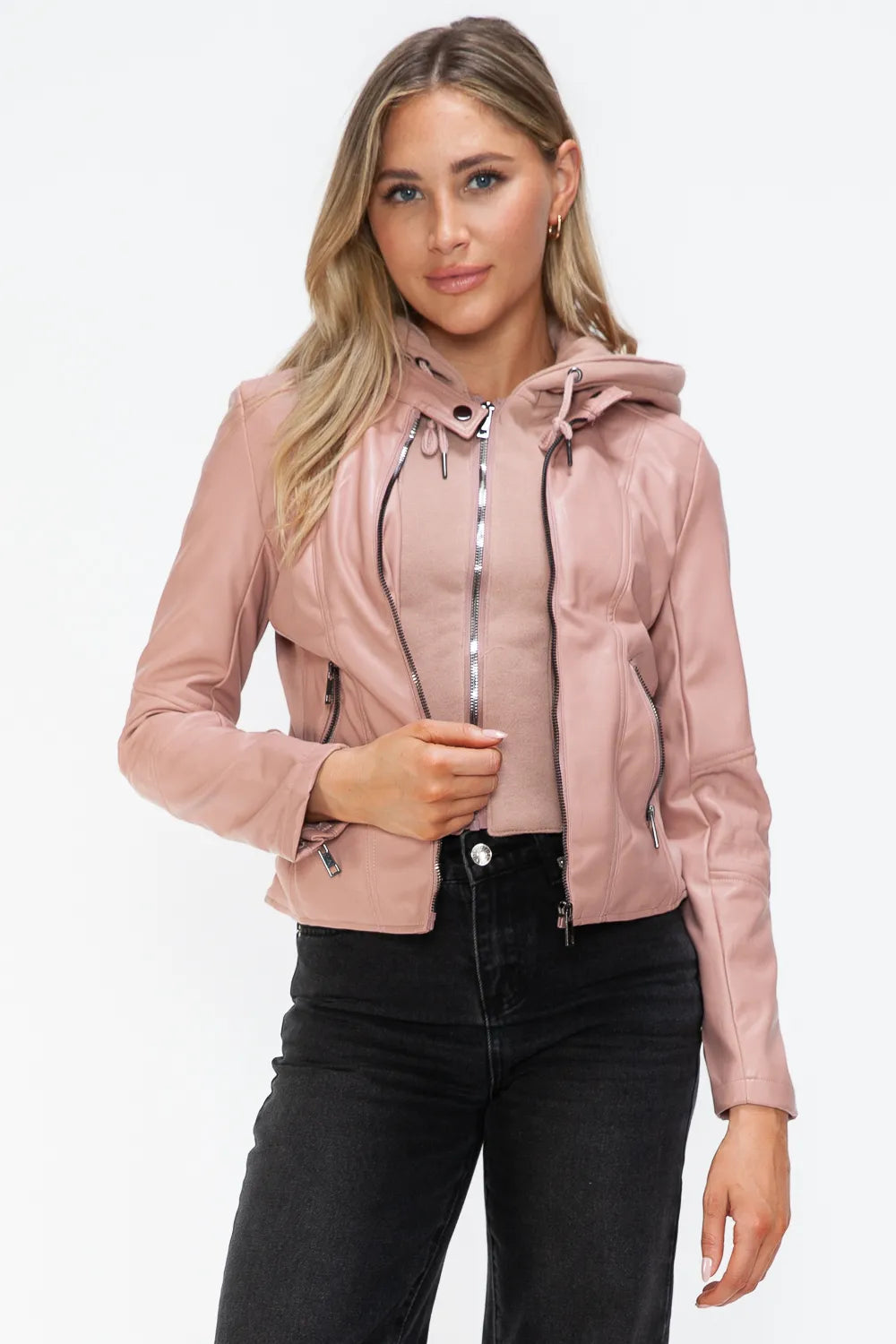 Rain Rosetti — Snobbish Faux Leather Zip Up Drawstring Hooded Jacket, alternate view 6