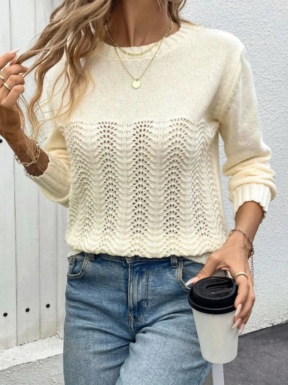 Indigo Fontaine — Perfee Openwork Round Neck Long Sleeve Sweater, alternate view 4