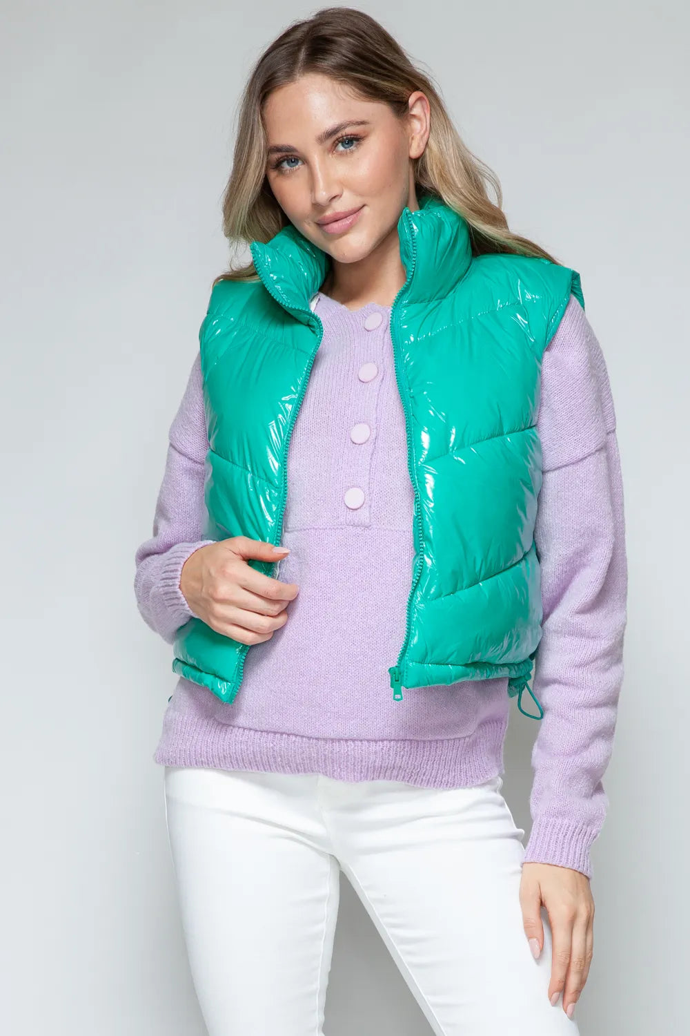 Rowan Saint-Clair — Snobbish Zip Up Turtleneck Shiny Quilted Vest Green Sweater or Cardigan, alternate view 6