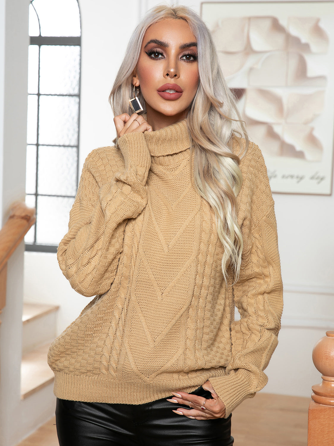 Onyx Rousseau — Turtleneck Cable-Knit Long Sleeve Sweater, alternate view 6