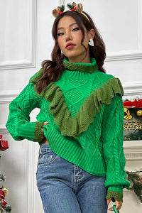 Sage Rivière — Cable-Knit Ruffled Mock Neck Lantern Sleeve Sweater