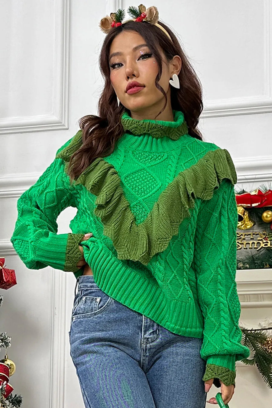 Sage Rivière — Cable-Knit Ruffled Mock Neck Lantern Sleeve Sweater