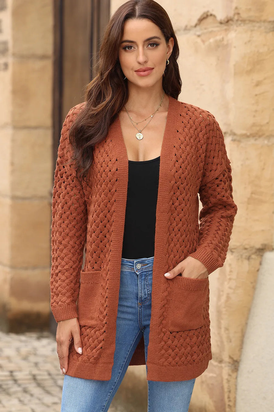 Perrin Delacroix — Open Front Dropped Shoulder Cardigan with Pockets