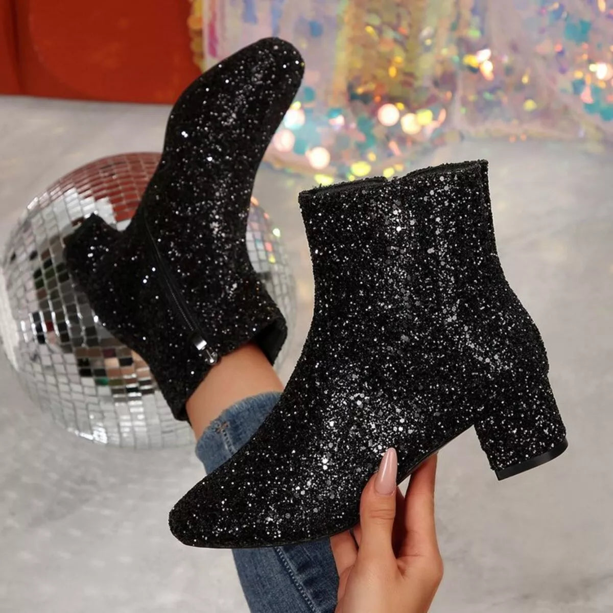 Bellamy Fiorenza — Sequin Block Heels Boots Fashion Footwear, alternate view 5