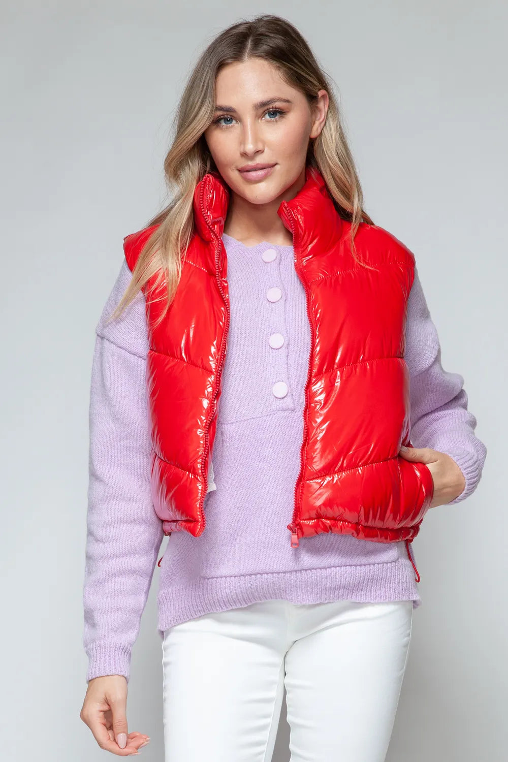 Dove Rosetti — Snobbish Zip Up Turtleneck Shiny Quilted Vest Red Sweater or Cardigan, alternate view 6