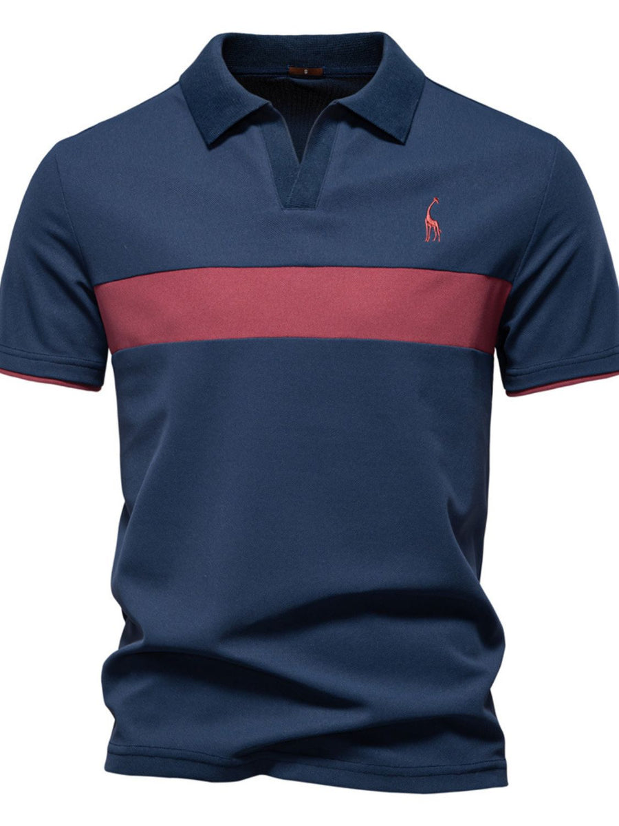 Men's Giraffe Embroidered Collared Neck Contrast Polo - Opulent Empire