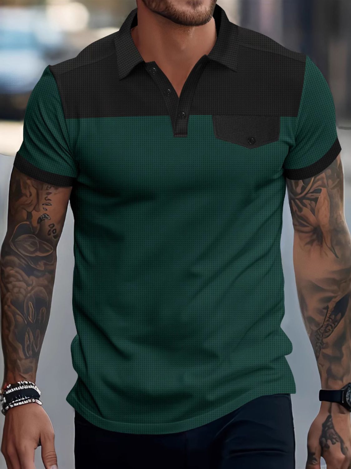 Damian — Men's Full Size Waffle-Knit Collared Contrast Polo Plus Size, alternate view 4
