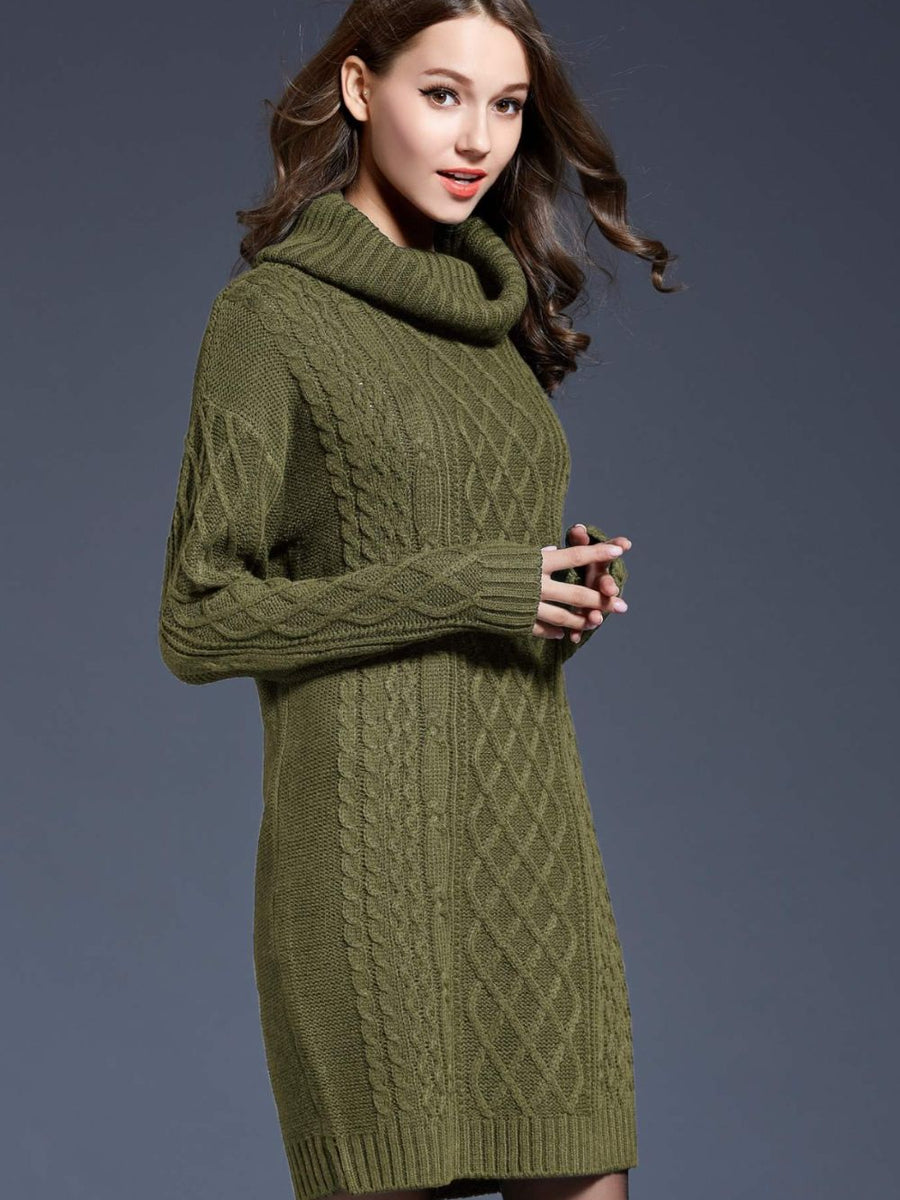 Woven Right Full Size Mixed Knit Cowl Neck Dropped Shoulder Sweater Dress