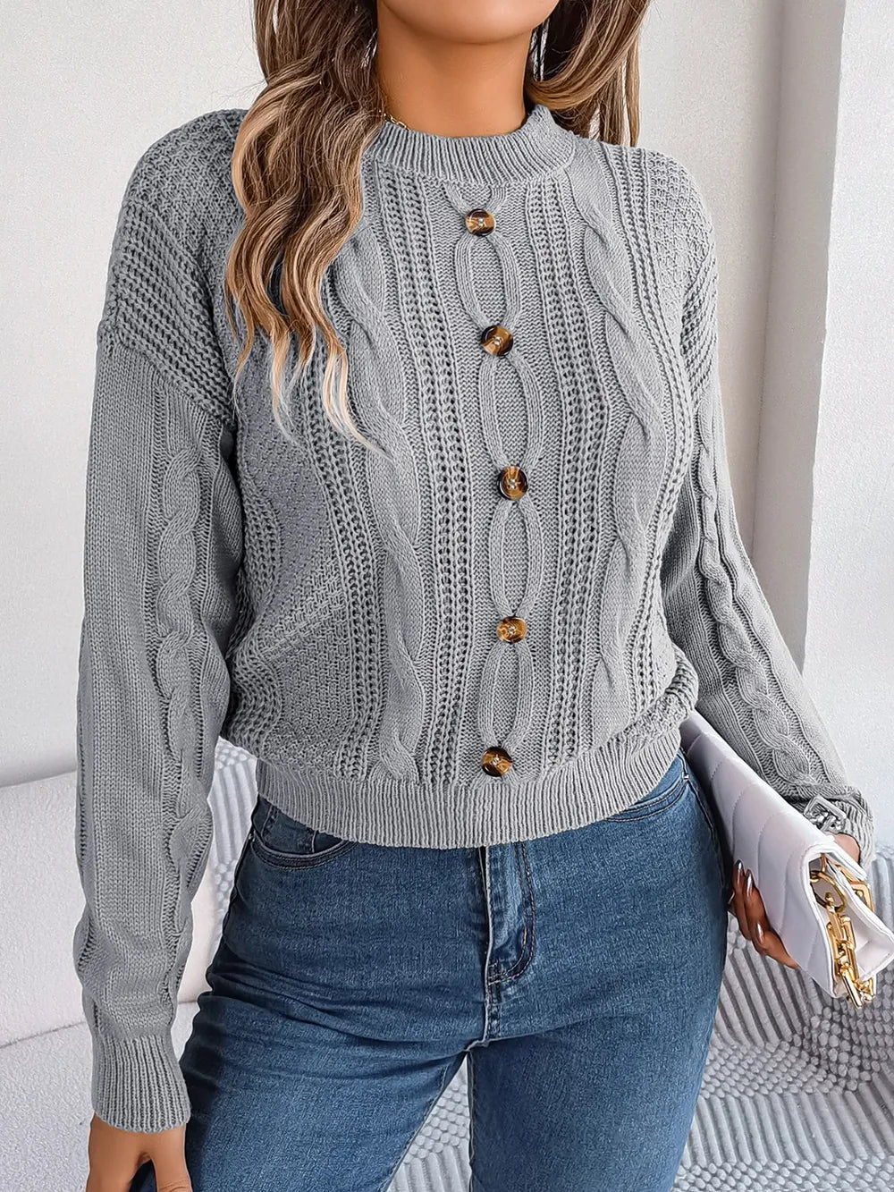 Wren Valmont — Cable-Knit Buttoned Round Neck Sweater, alternate view 4