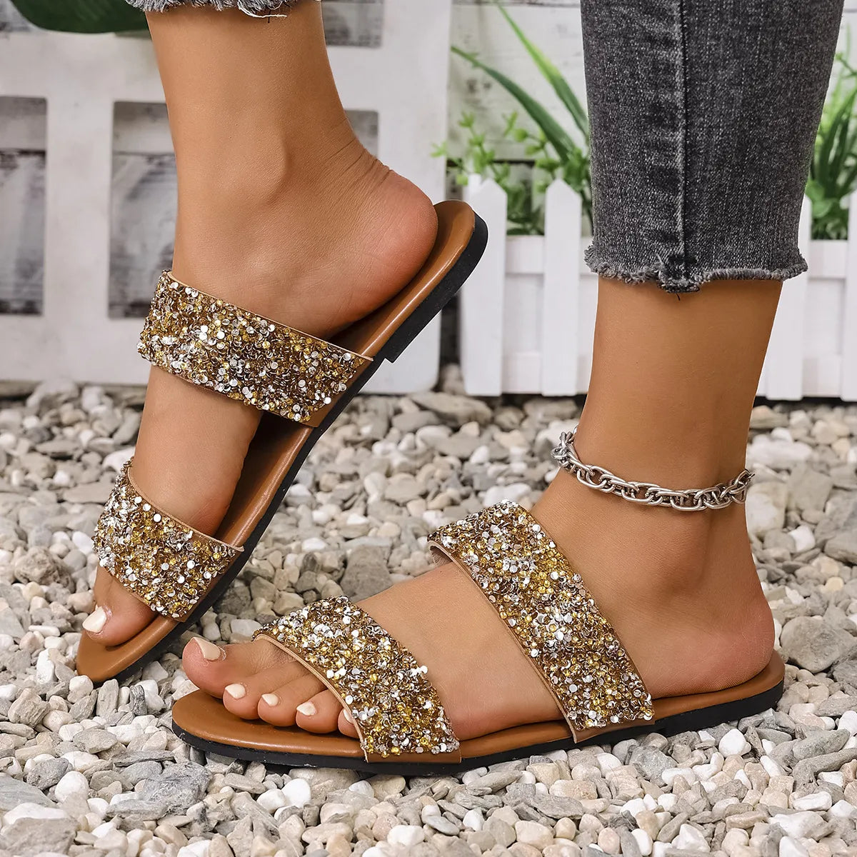 True Allegra — Sequin Open Toe Flats Sandals Fashion Footwear, alternate view 3