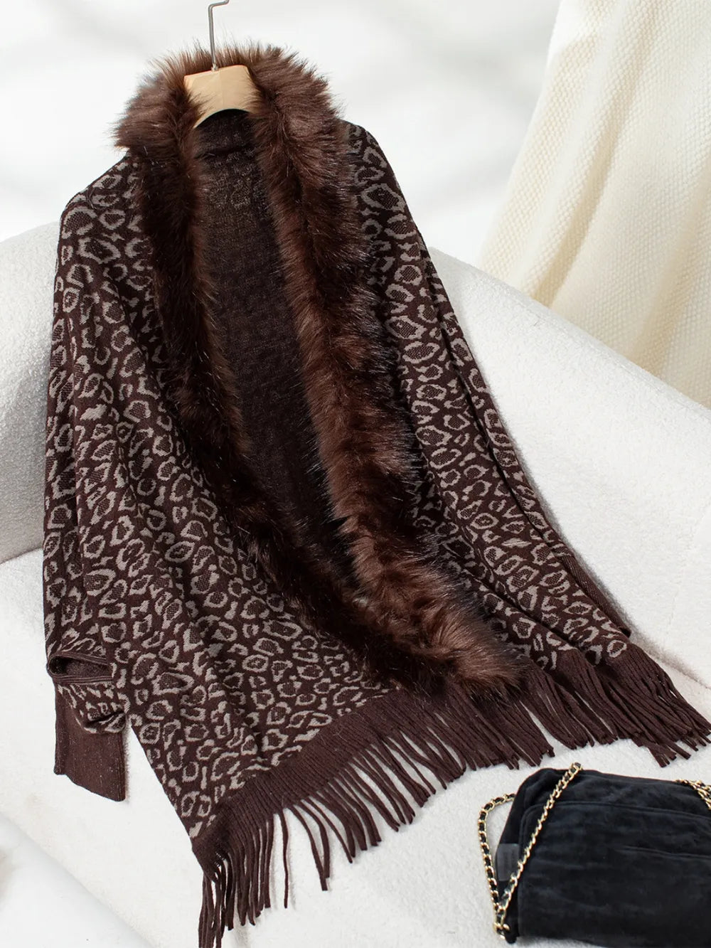 Rain Sorrento — Fringe Leopard Open Front Long Sleeve Poncho, alternate view 5