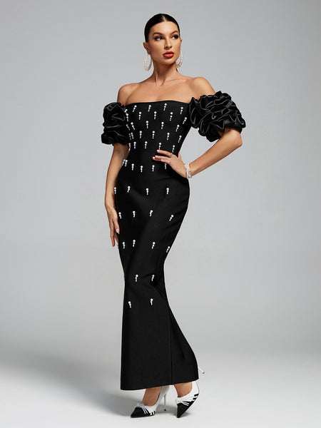 Off Shoulder Pearl Embellished Bandage Maxi Dress