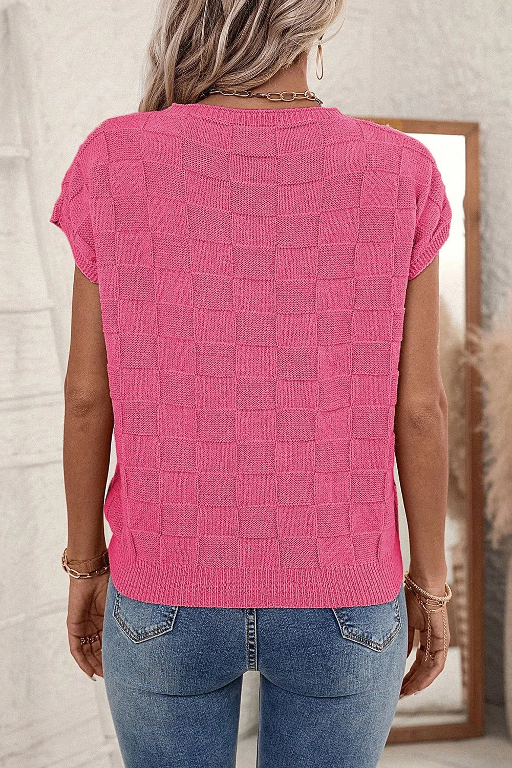 Noa Moreau — Pocketed Checkered Round Neck Knit Top, alternate view 4