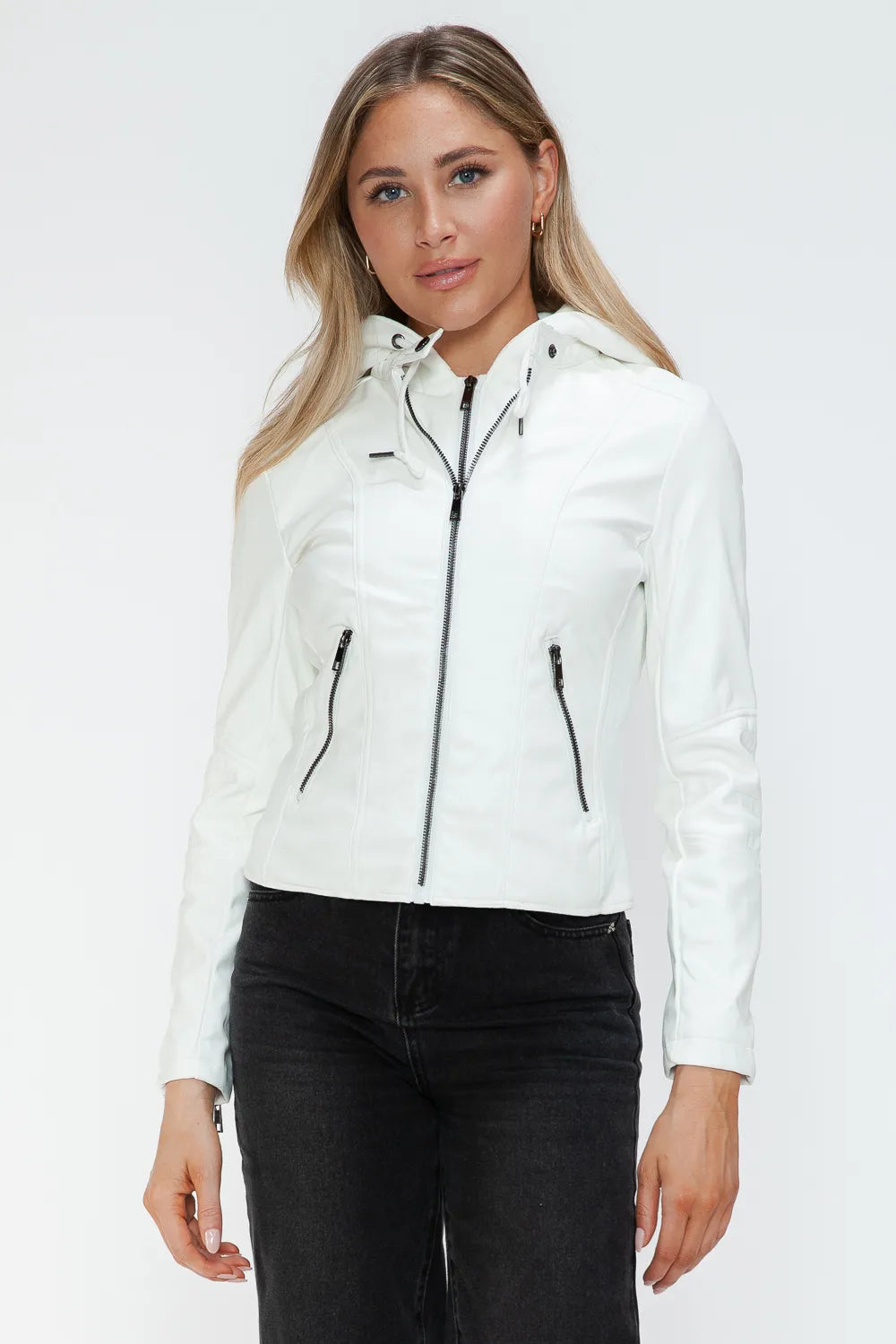Ciel Rosetti — Snobbish Faux Leather Zip Up Drawstring Hooded Jacket, alternate view 3