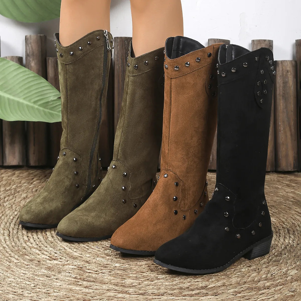 Sage Marino — Studded Mid-Calf Boots with Side Zipper Closure Fashion Footwear