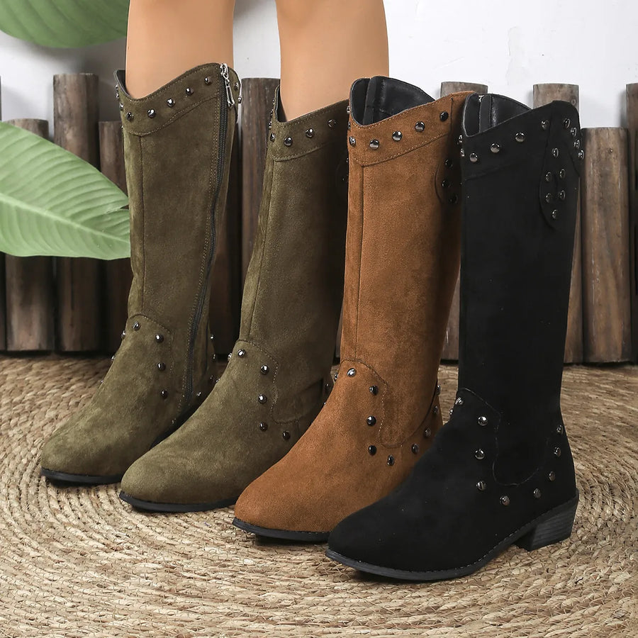 Sage Marino — Studded Mid-Calf Boots with Side Zipper Closure Fashion Footwear