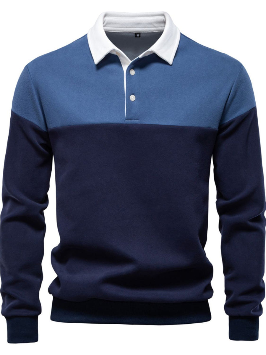 Men's Collared Neck Contrast Long Sleeve Polo - Opulent Empire