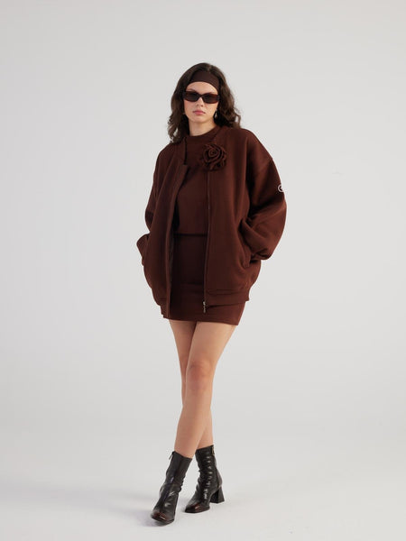 Alexa Brown Oversize Bomber Jacket with Removable Rose Accessory