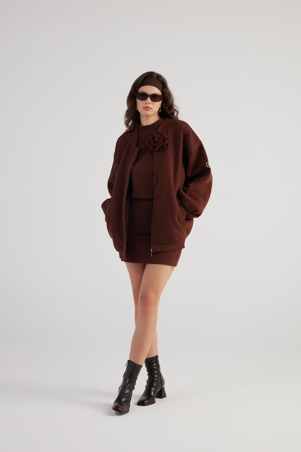 Alexa — Brown Oversize Bomber Jacket with Removable Rose Accessory, alternate view 3