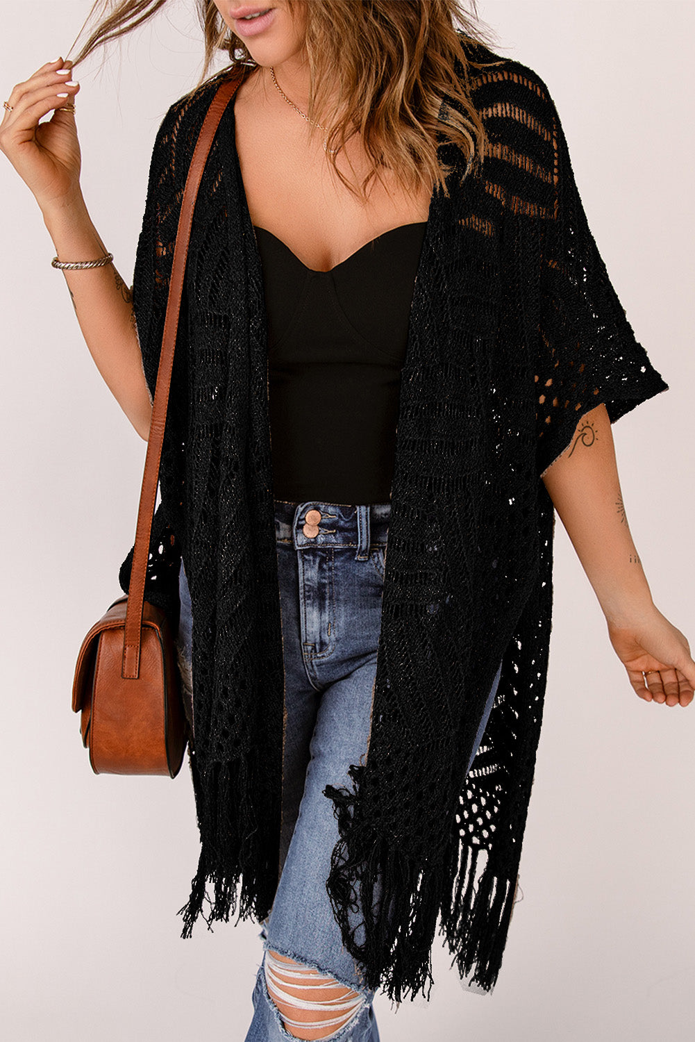 Indigo Versailles — Fringe Hem Slit Open Front Cardigan, alternate view 5