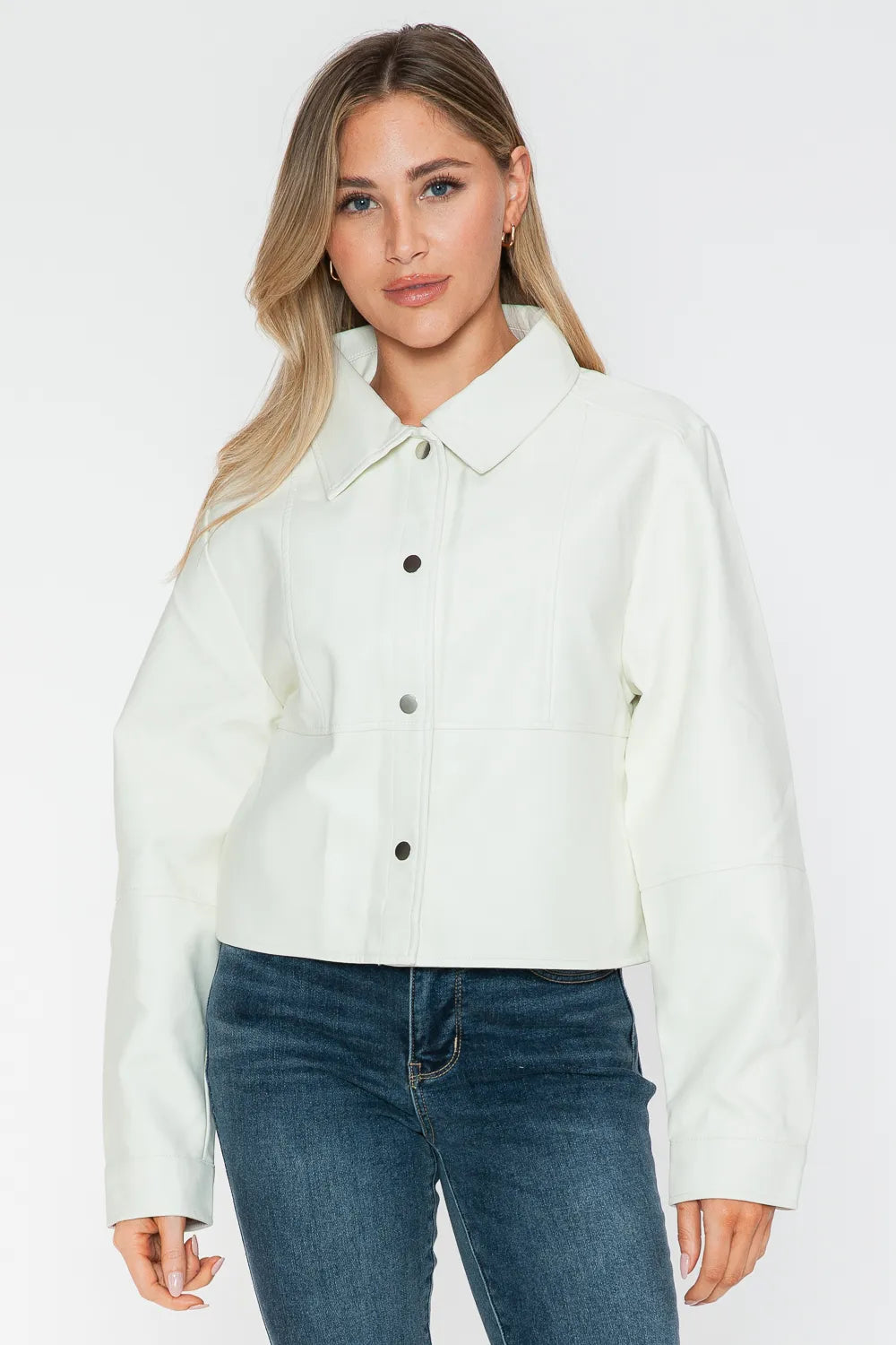 Ocean Rosetti — Snobbish Snap Down Long Sleeve PU Leather Jacket