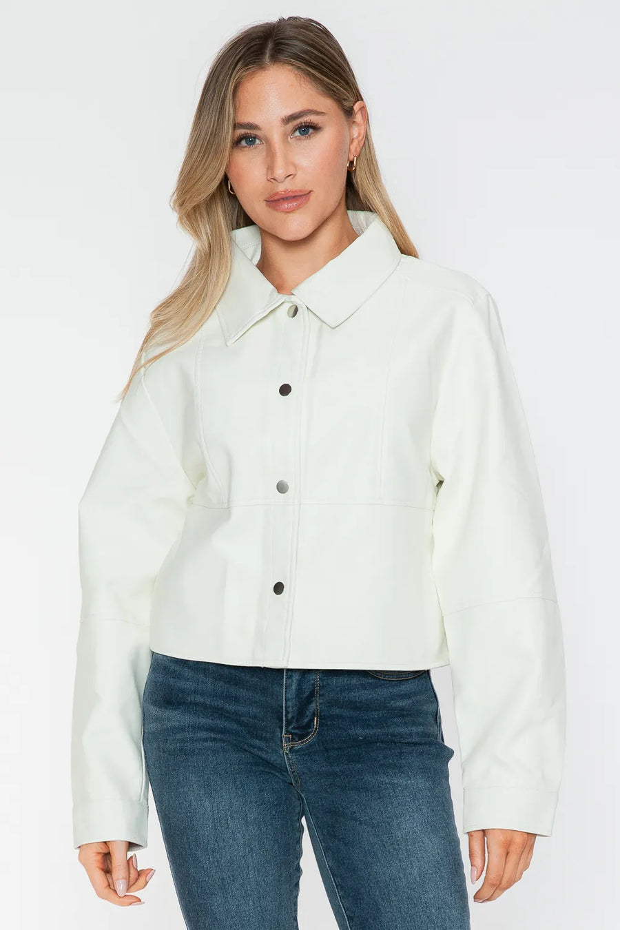 Ocean Rosetti — Snobbish Snap Down Long Sleeve PU Leather Jacket