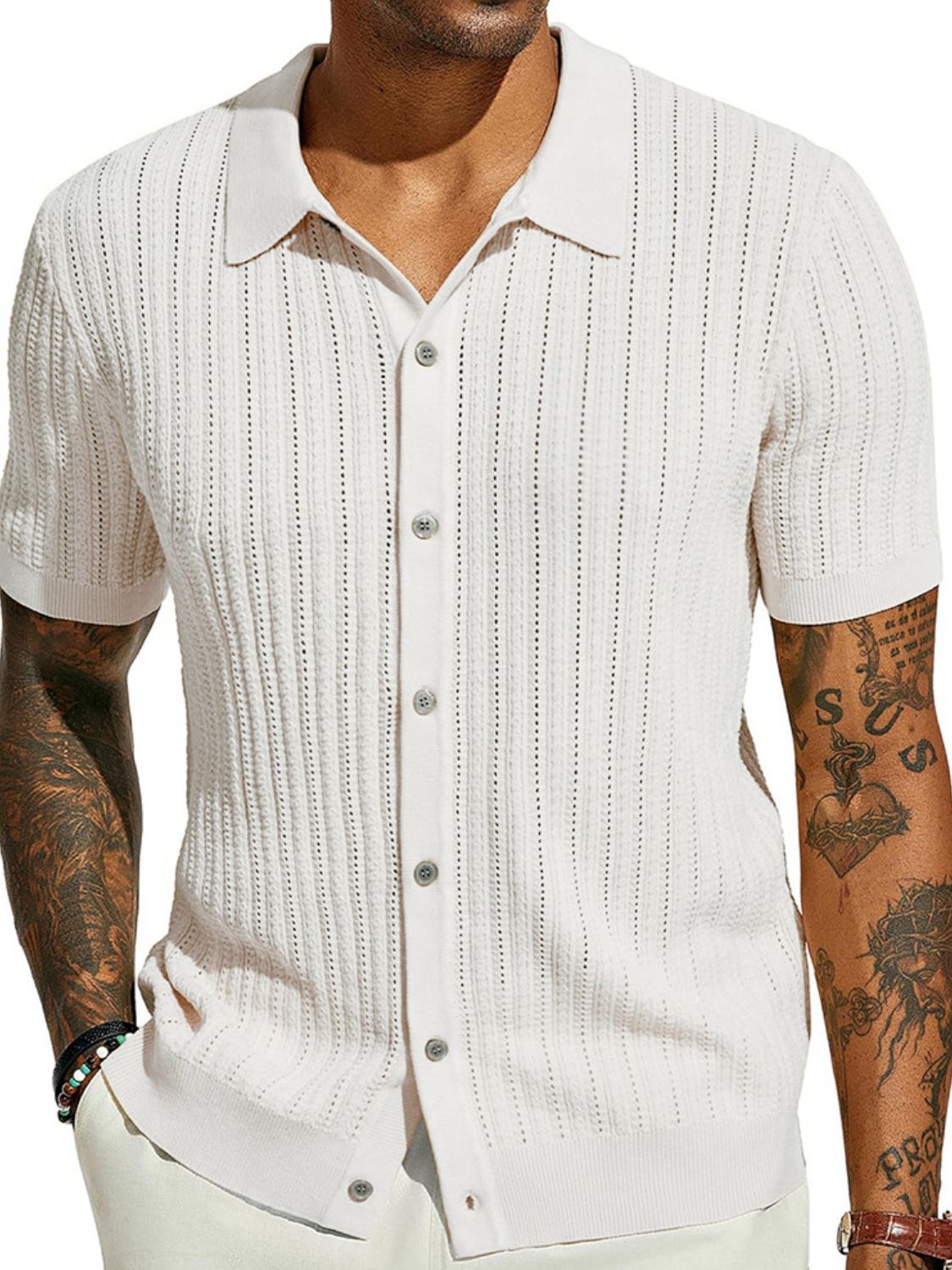 Yves — Men's Full Size Openwork Button Down Collared Neck Shirt Plus Size, alternate view 3
