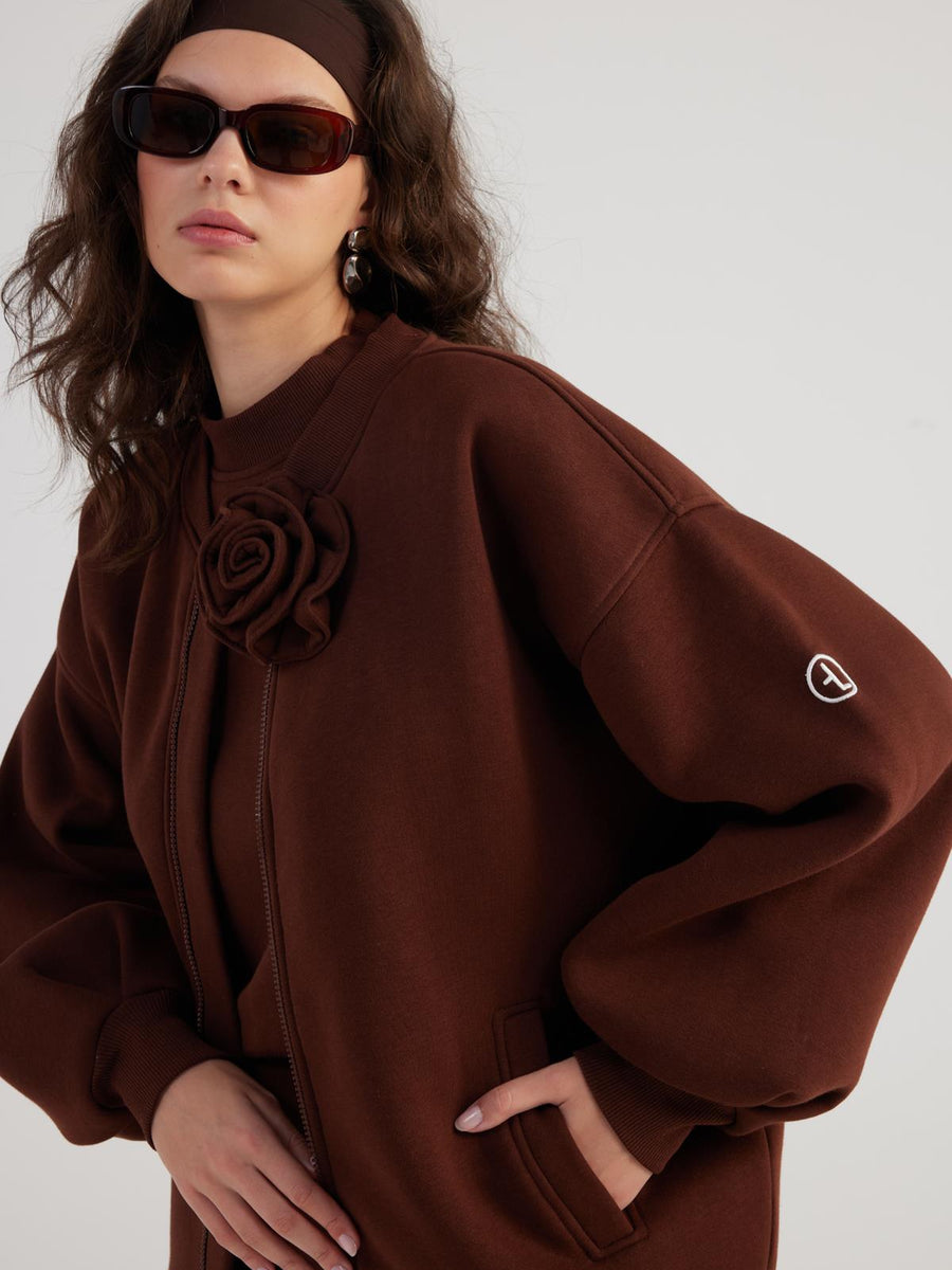 Alexa Brown Oversize Bomber Jacket with Removable Rose Accessory