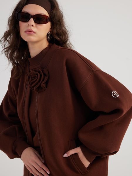 Alexa Brown Oversize Bomber Jacket with Removable Rose Accessory