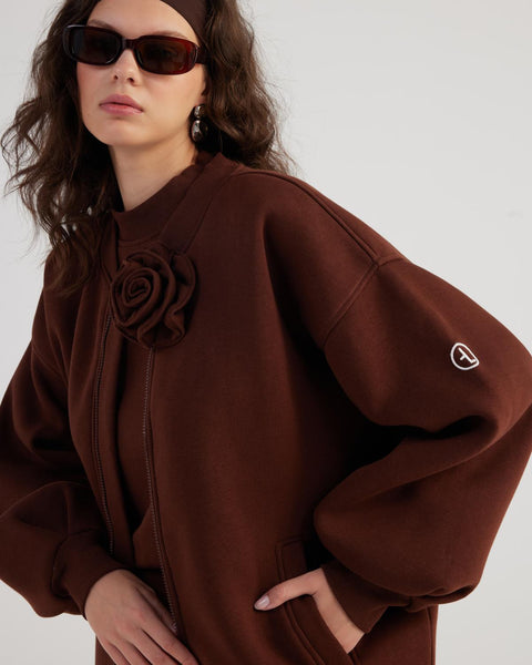 Alexa Brown Oversize Bomber Jacket with Removable Rose Accessory