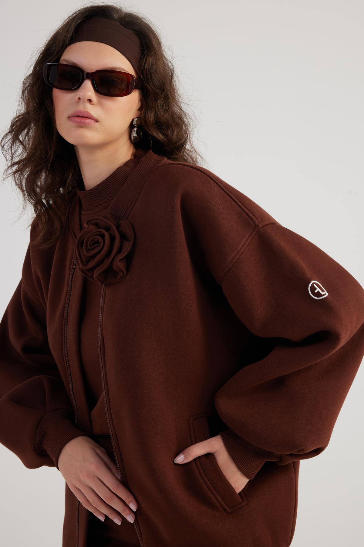 Alexa — Brown Oversize Bomber Jacket with Removable Rose Accessory, alternate view 2